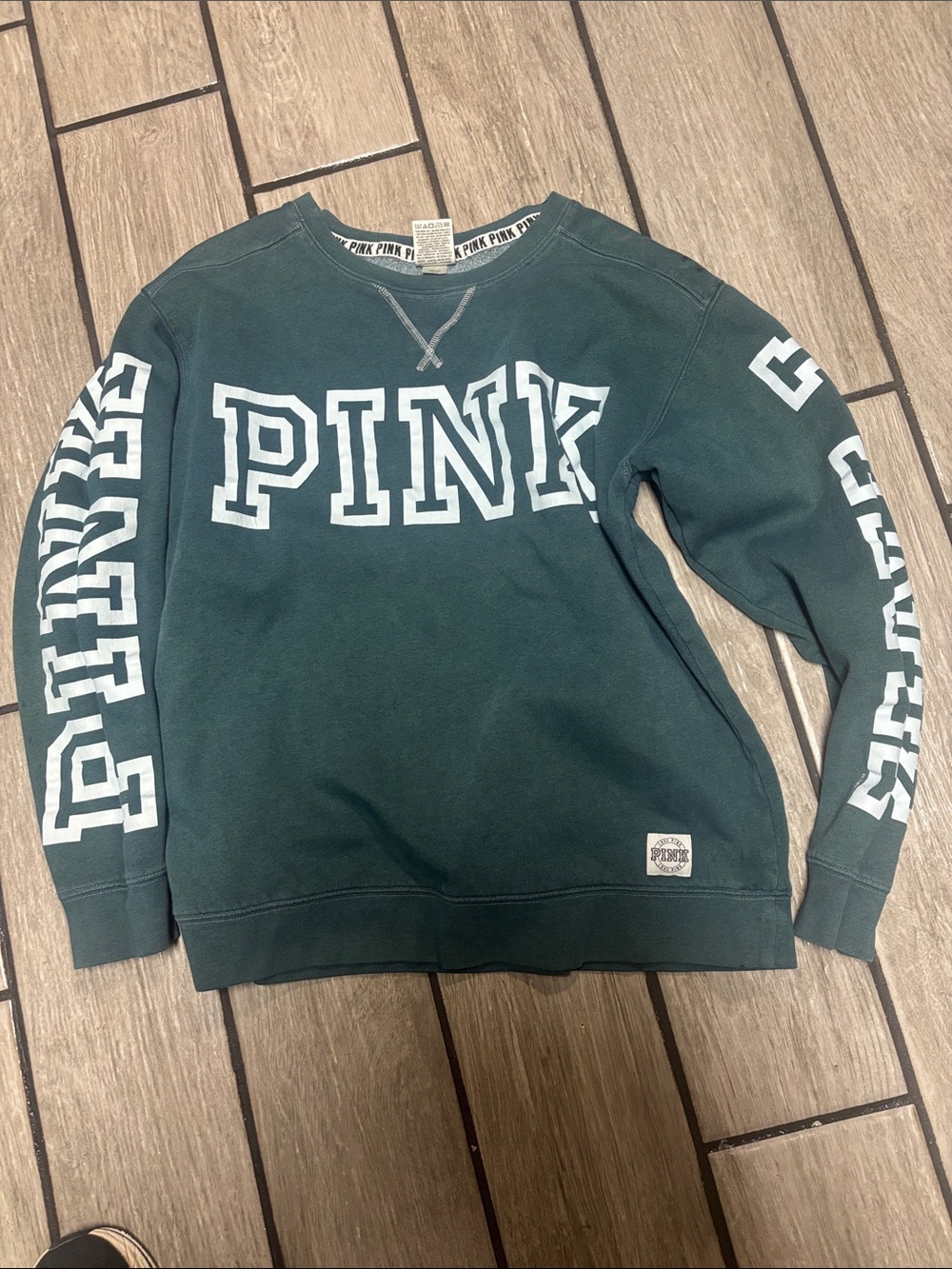 PINK Victoria's Secret Forest Green Crewneck Sweatshirt with White Logo